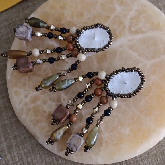 Hand Beaded Stitched Cabochon Dangle Earrings - Picture 3 of 6